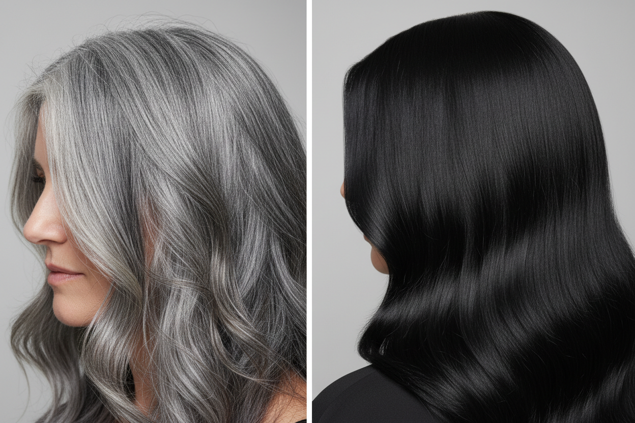 dame el cabello canoso de una mujer y luego el cabello totalmente negro, la idea es proyectar un antes y un despues de un champu cubre canas